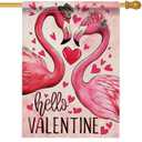 Hzppyz Hello Valentines Day Flamingo House Flag Double Sided, Pink Red Love Heart Rose Decorative Garden Yard Outdoor Large Decor, Anniversary Wedding Holiday Burlap Home Outside Decoration 28 x 40