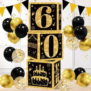 60th Birthday Decorations Boxes for Men- 3PCS Black Gold Happy 60th Birthday Balloons Boxes, 60 Year Old Party Supplies for Men Women