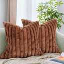 Deeland Pack of 2 Decorative Throw Pillow Covers Faux Rabbit Fur Cozy Velvet Super Soft Fuzzy Striped Set Case Cushion for Couch Sofa Bedroom 18 x 18-Inch Brown
