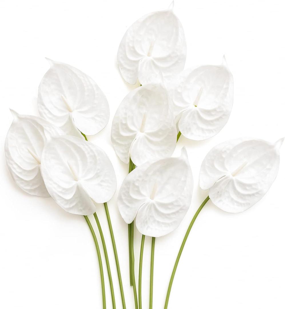 Ling's Moment White Anthurium Flowers, 8pcs Artificial Silk Filler Plants, Faux Greenery Stems for DIY Wedding Bouquets Centerpieces Arrangements Bridal Shower Party Home Decorations