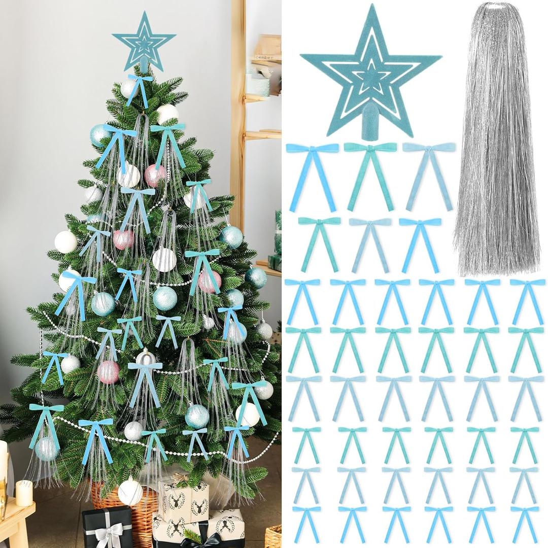 38 Set Blue Velvet Christmas Bow Decor Set 36 Vintage Velvet Ribbon Bows 1 Flocking Star Tree Topper 5000 Strands Tinsel Icicles for Holiday Crafts Gift Wrapping Xmas Tree Wreaths Door Home Decor