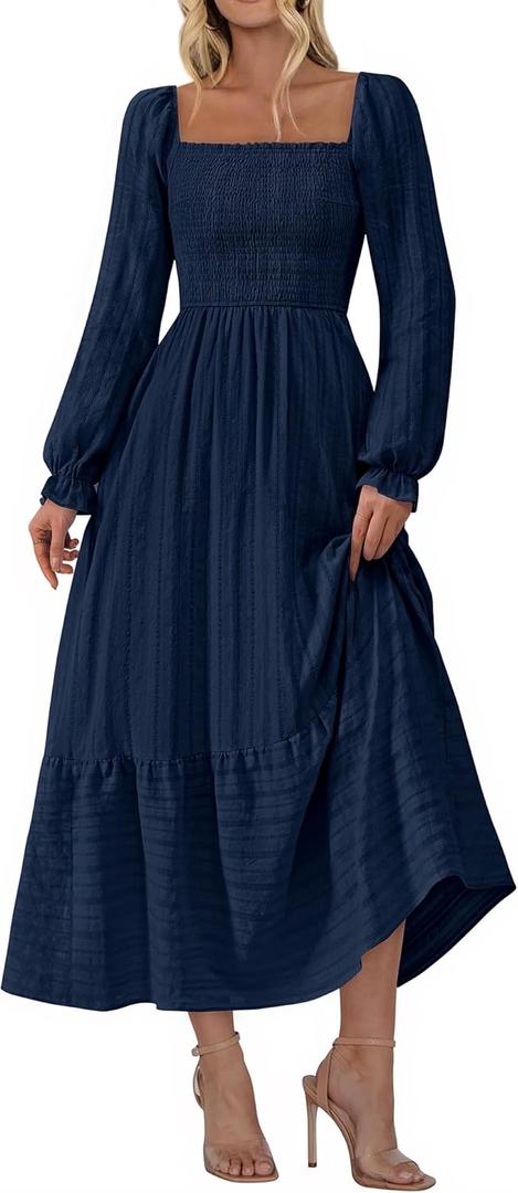BTFBM Women Maxi Spring Dresses 2026 Long Sleeve Solid Color Square Neck Smocked Boho Long Wedding Guest Dress(Navy,X-Large)