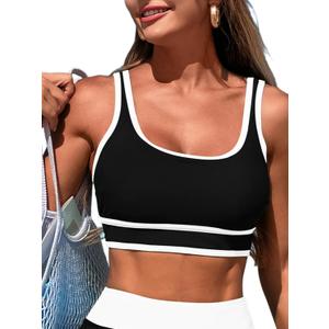 Bikini Tops for Women Sport Bra Swimsuit Top Color Block Push Up Padded Bathing Suit Top Cropped Tankini Tops Only (Black, M)