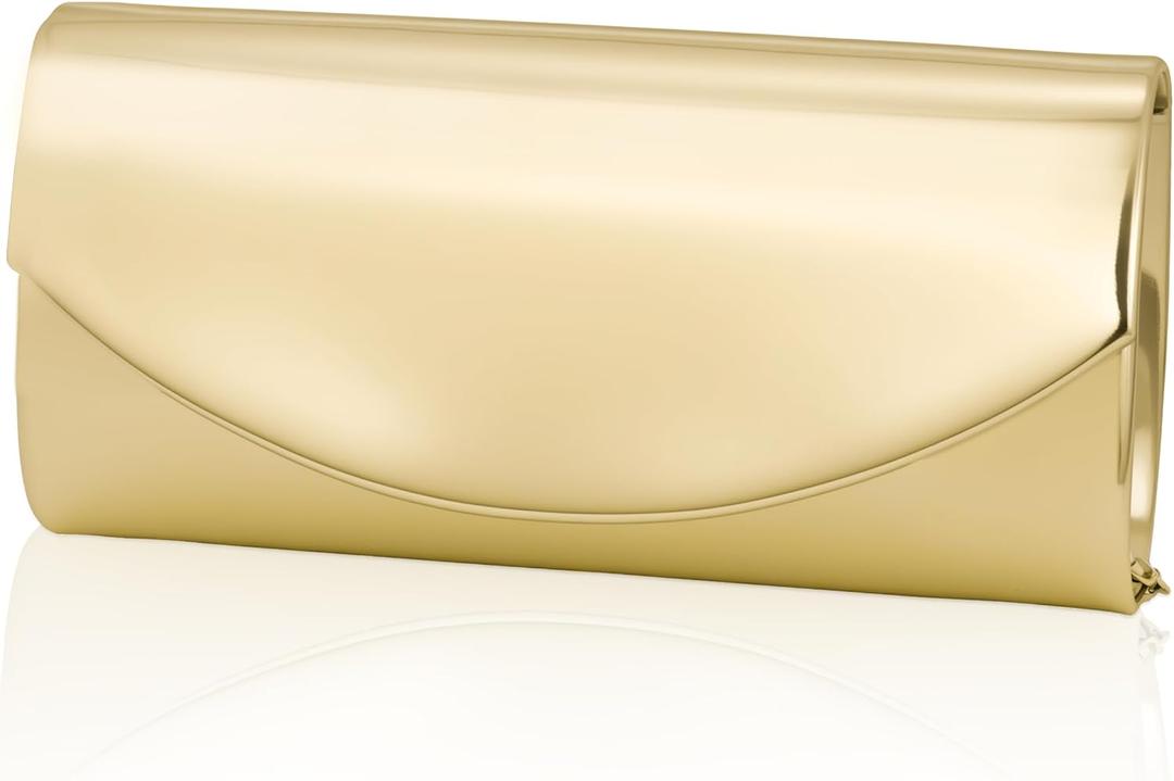 Larcenciel Metallic Patent Leather Clutch Purses for Women, Fashion Curved Flap Envelope Evening Handbags w/Chain Party Bags