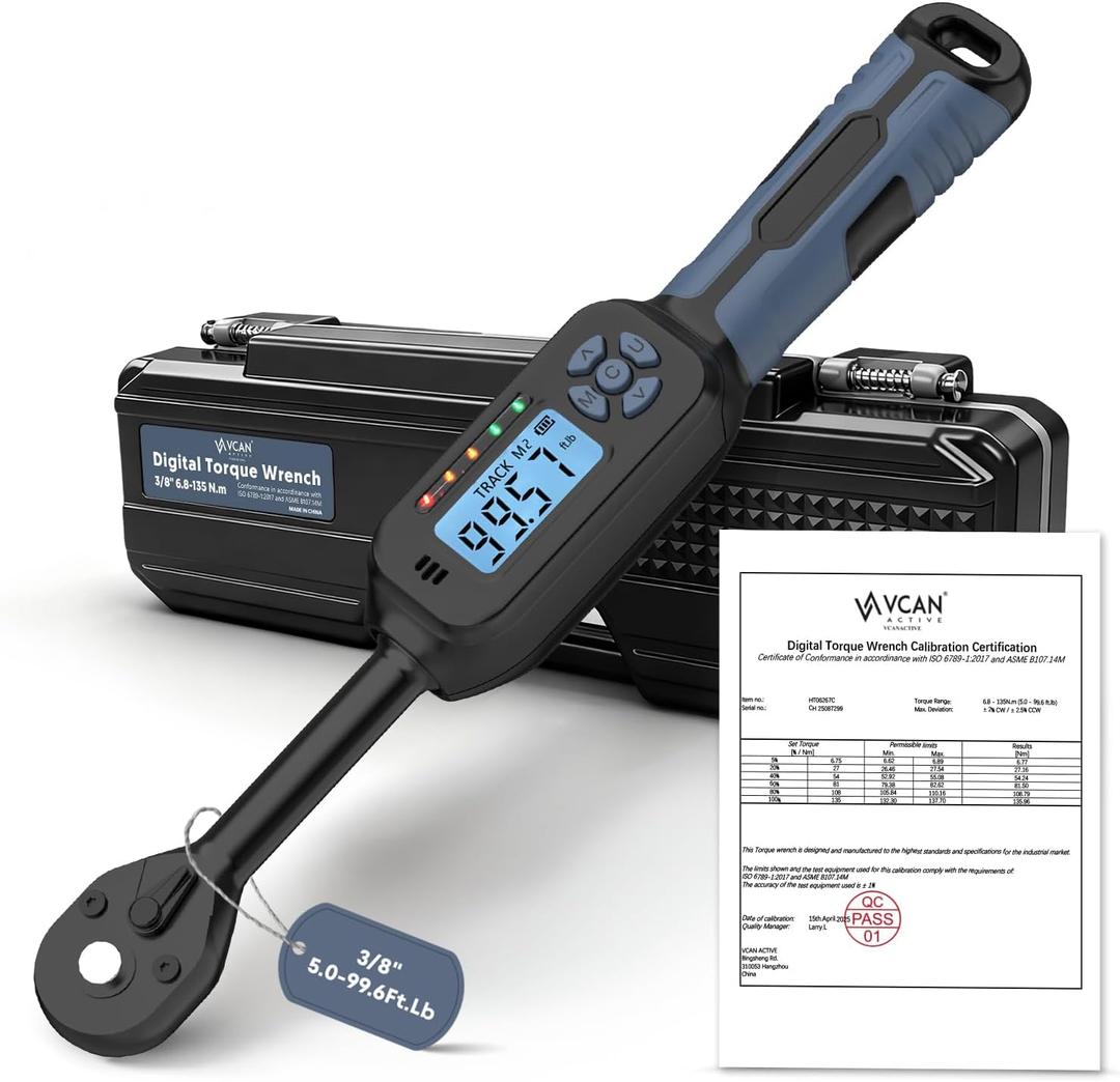 3/8 Torque Wrench Digital (5.02-99.6 Ft.Lb) 2% High accuracy Digital Inch Pound Torque Wrench 3/8 Drive with Buzzer and Colorful LED Indicator/Track Mode for Moto Auto Car