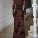 Verdusa Women's Floral Mesh Maxi Dresses Elegant Formal Long Sleeve Spring Wedding Guest Dress Cocktail (Brown, M)