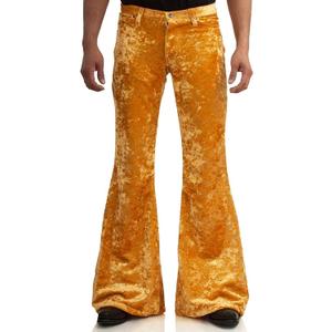 Men's Velvet Relaxed Vintage 60s 70s Bell Bottom Stretch Fit Classic Comfort Flared Flares Retro Leg Disco Pants (Gold)