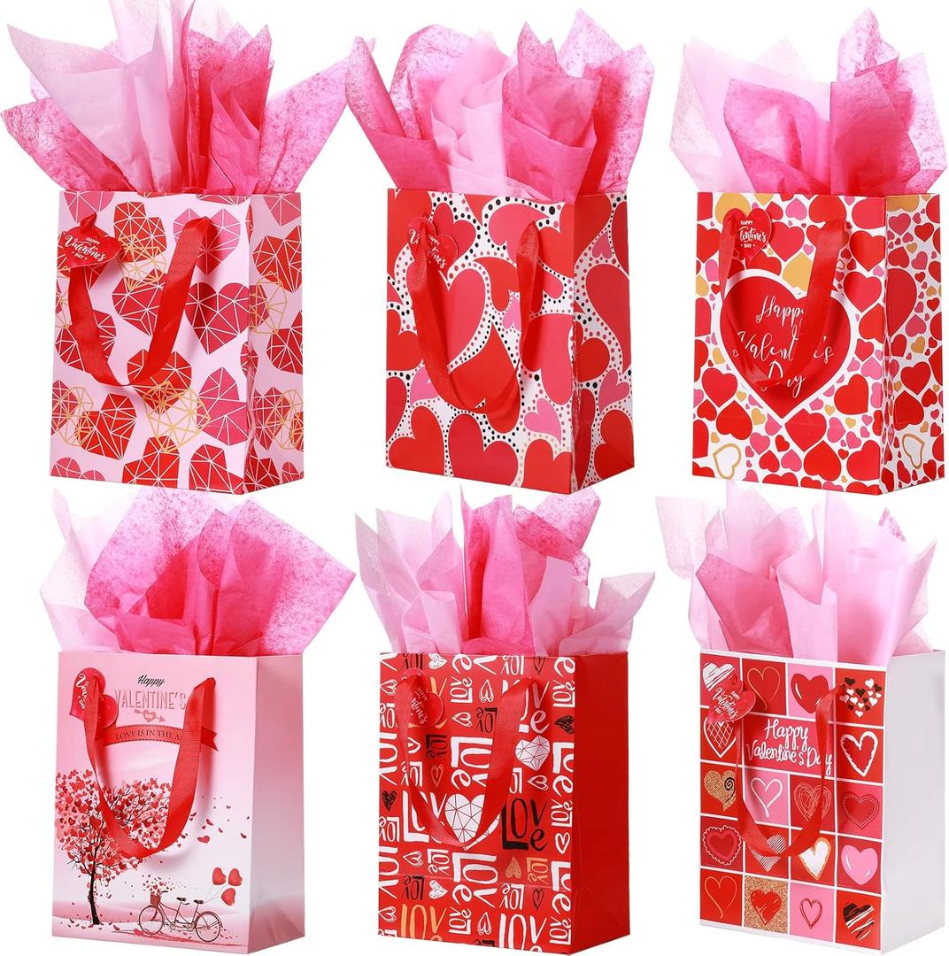 TaoBary 12 Pieces Valentine Gift Bags with Tissue Paper and Heart Shaped Tags Valentine Day Handles Bags Small Valentines Paper Love Goodie Bag for Valentine's Day Party Favors Gift Wrapping