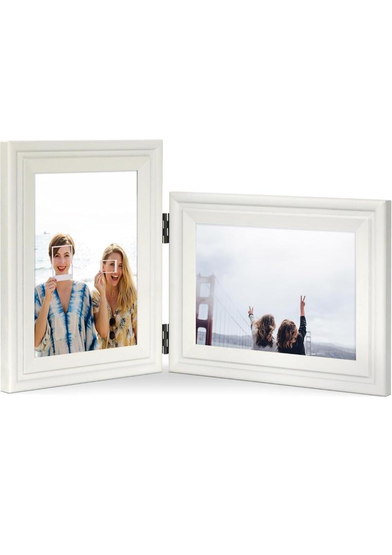 JD Concept Vertical Horizontal Combo, Double 5x7 White Wood Art Picture Frame, Foldable Opening 4.5x6.5 Photo Frame, Portrait and Landscape View Standing on Desk