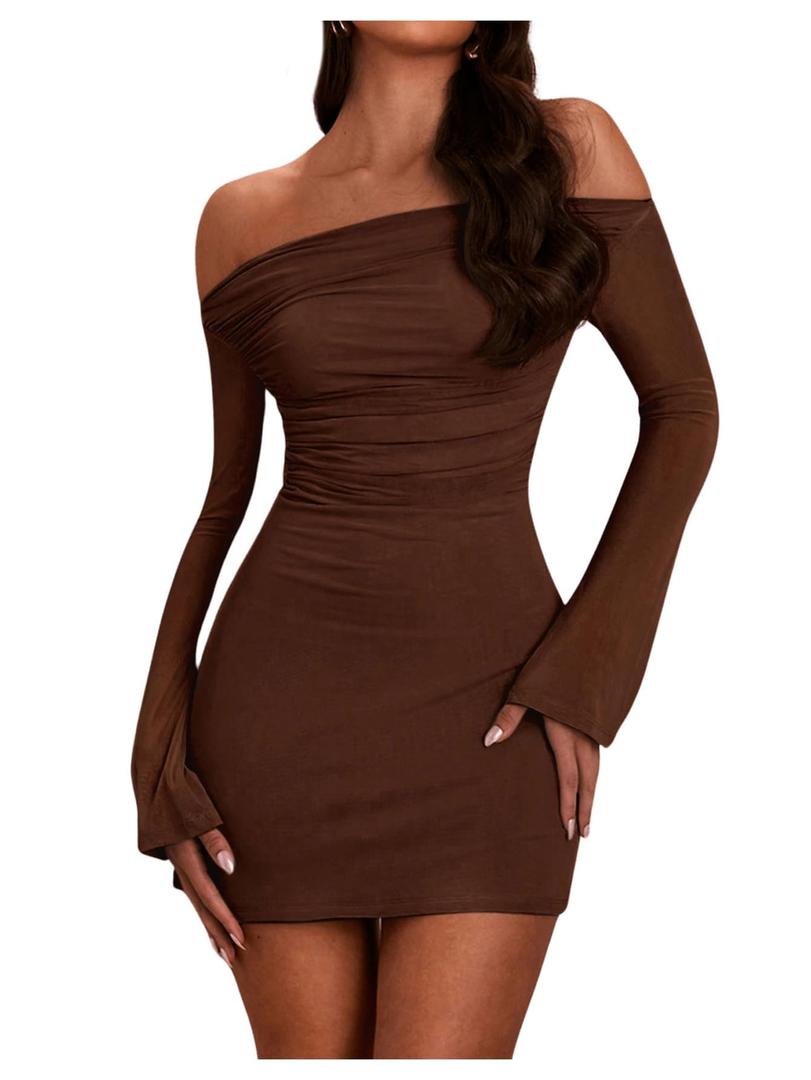 SOLY HUX Women's Ruched Off The Shoulder Bodycon Mini Dress Long Sleeve Party Dresses Plain Brown XX-Large (Brown, XXL)