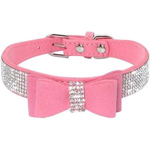 Rhinestone Dog Collar, Cute Dazzling Sparkling Soft Suede Leather Dog Cat Rhinestone Collar Crystal Diamond Pet Dog Puppy Collar (XS, Pink-1)