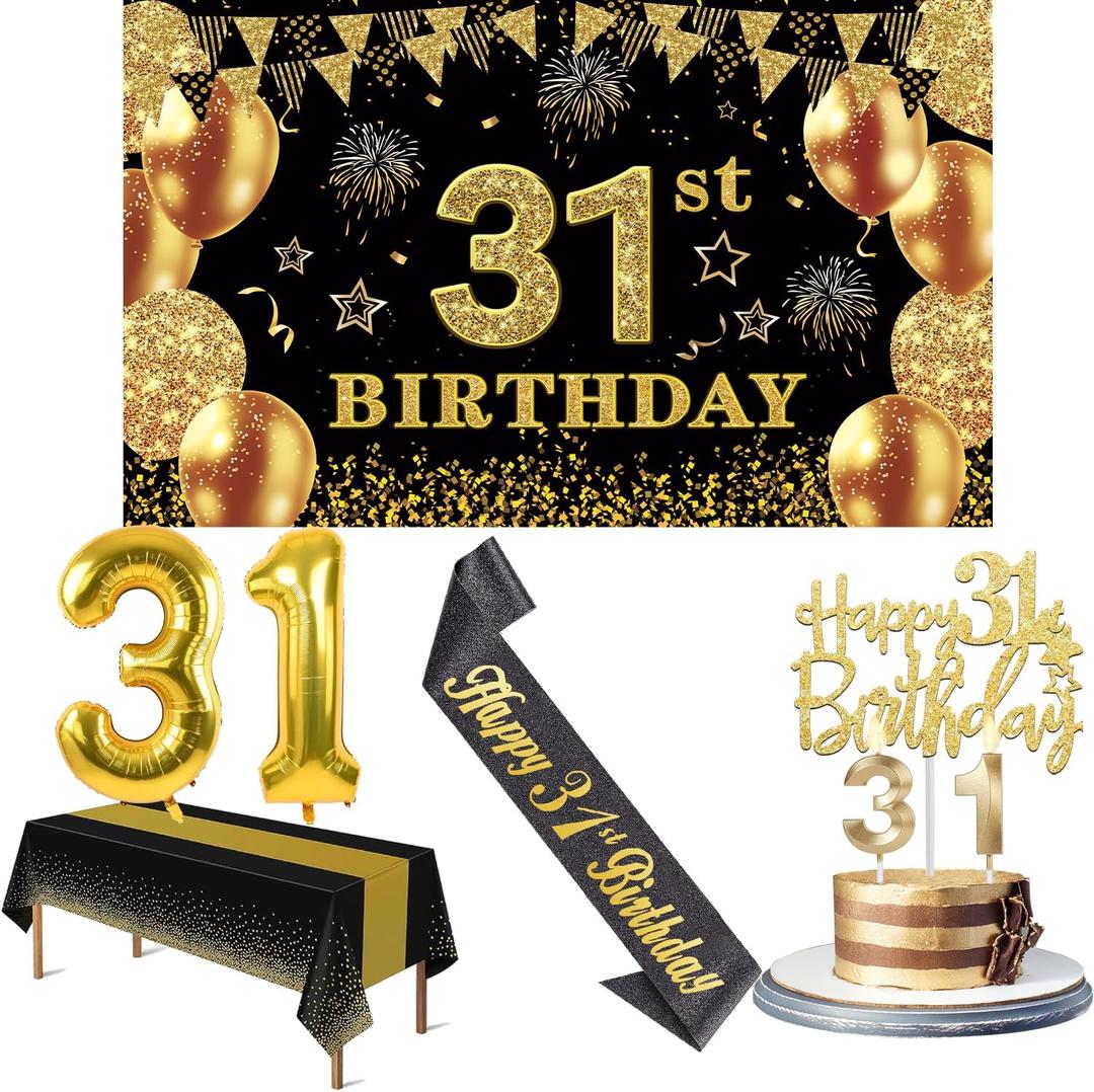 31st Birthday Decorations Men Women with 31st Birthday Banner, Black and Gold Table Cloth, Number Balloons, Large Sash, Cake Topper and Candles