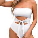 Pink Queen Women Bandeau One Piece Swimsuit Removable Strap Cutout Tie High Waist Bathing Suit Monokini, Size S