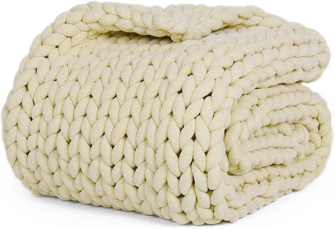 YnM Chenille Weighted Blanket, Handmade Chunky Knitted Design, Soft and Cozy, Temperature Regulating and Breathable, Machine Washable Throw for Sleep or Home Decor (Sparkling White, 50x60 Inch, 10lbs)