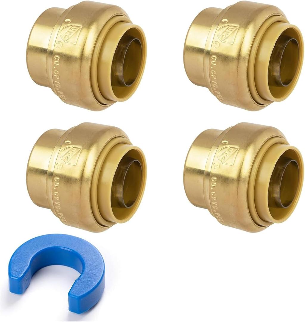 1/2" Push Fit End Cap, Push to Connect Brass Plumbing Fitting, Durable Push Cap With Upgraded Stiffener for Copper, CPVC, PEX Pipes, Disconnect Clip Included, NSF & UPC Certified, 4 Pack
