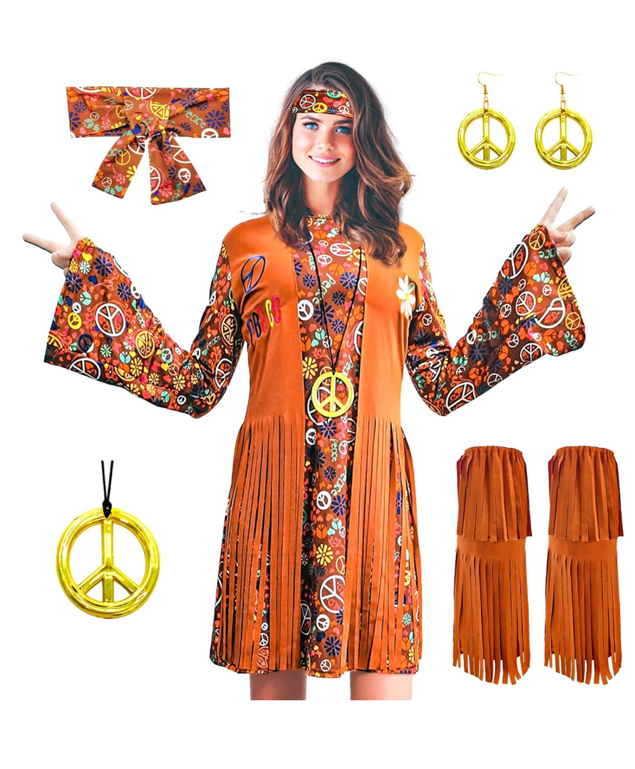 ATAMET 60s 70s Outfits for Women Hippie Costume Disco Dress,Halloween Party Dress Set M
