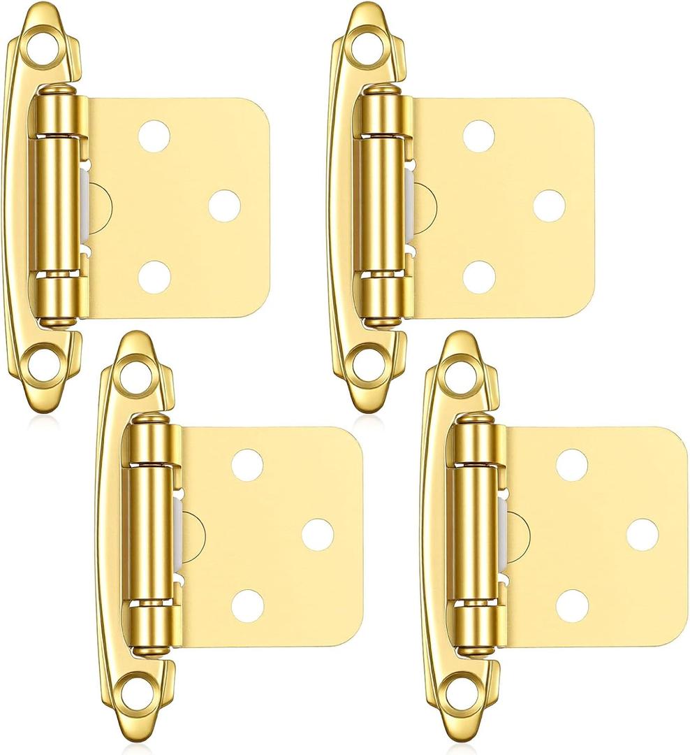 4 Pack Gold Self Closing Cabinet Hinges 1/2" Overlay Semi Concealed Brass Cabinet Hinges with Screws for Kitchen Cabinets Door
