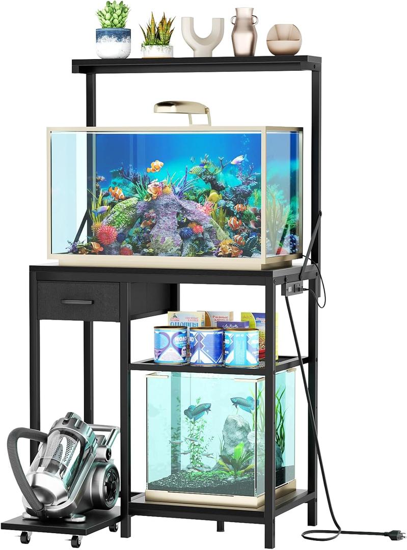 20-29 Gallon Fish Tank Stand with Power Outlet & Storage Drawer,4-Tier Metal Aquarium Stand with Adjustable Storage Shelves,400LBS Capacity Reptile Tank Stand for Home Office,Black