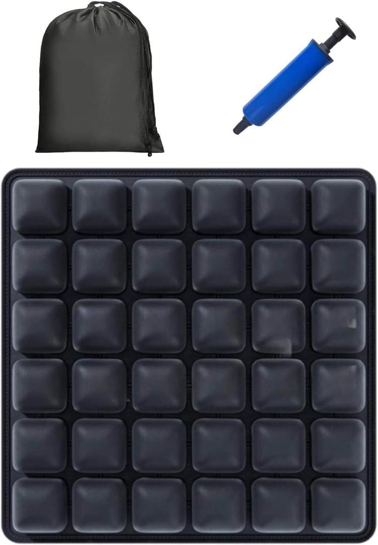XCGaidt Travel Seat Cushion for Plane, 3D Inflatable Air Cushion with Storage Bag and Pump, 36 Air Cells Airplane Seat Cushion for Long Flights, Tailbone Pain Relief Cushion (Black, 17" x 17")