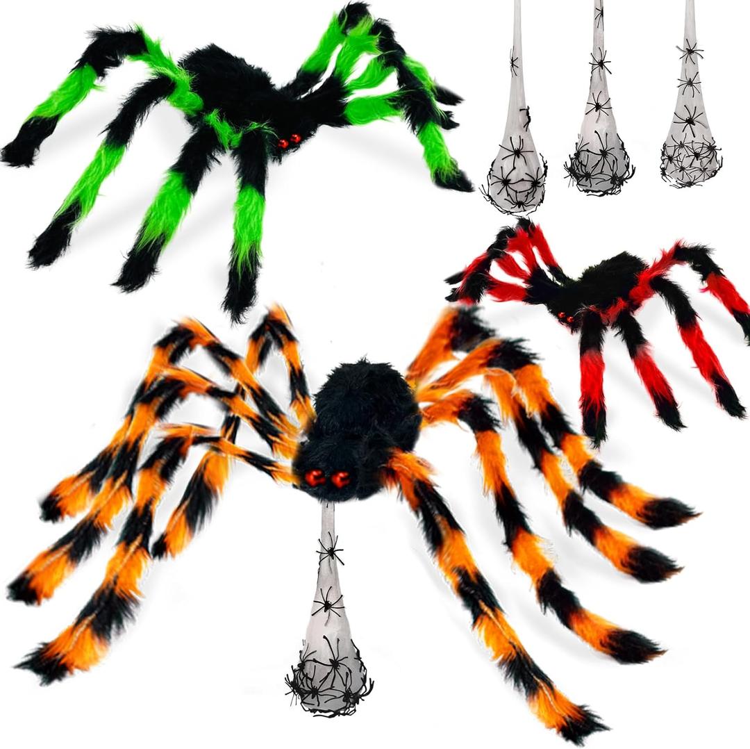 3 Pack Halloween Colorful Hairy Spiders Decorations with Hanging Spiders Eggs, 3-in-1 Different Size & Red Eyes Giant Realistic Scary Halloween Spiders Decor Indoor Outdoor Yard Party Wall Window