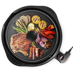 Elite Gourmet EMG1100 11" Electric Indoor Nonstick Grill Dishwasher Safe, Cool Touch, Fast Heat Up Ideal Low-Fat Meals, Includes Tempered Glass Lid, Black