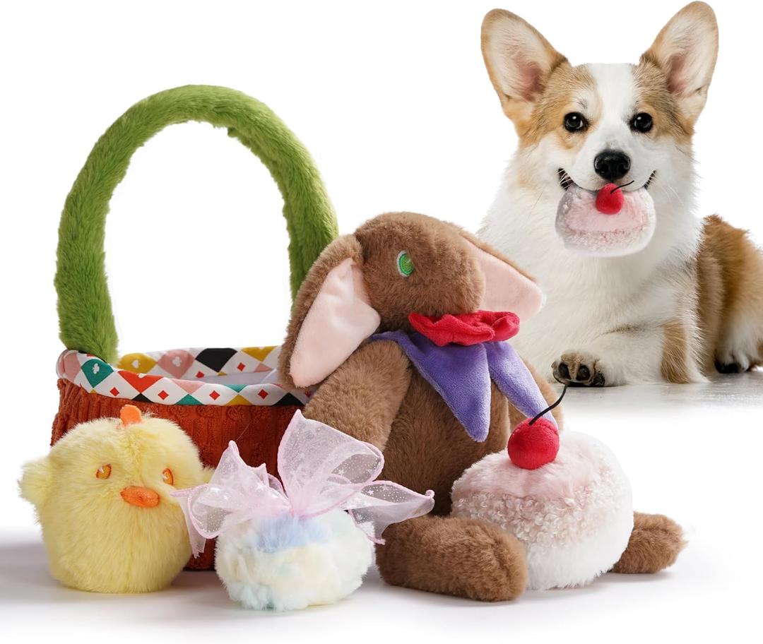 Nocciola 5 Pack Easter Dog Toys with a Basket - Durable Stuffed Plush Dog Squeaky Puppy Toys for Small, Medium and Large Breeds, Easter Gift with Easter Egg & Rabbit & Chick & Cake