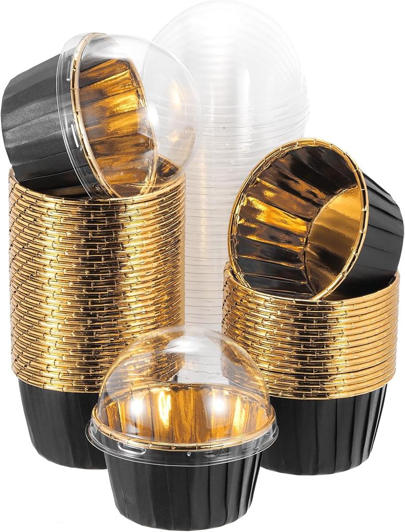 uxcell 50 Pcs Single-sided Aluminum Foil Cupcake Liners with Lids, Greaseproof Muffins Baking Cupcakes for Wedding Birthday Party Decoration, Black (Round)