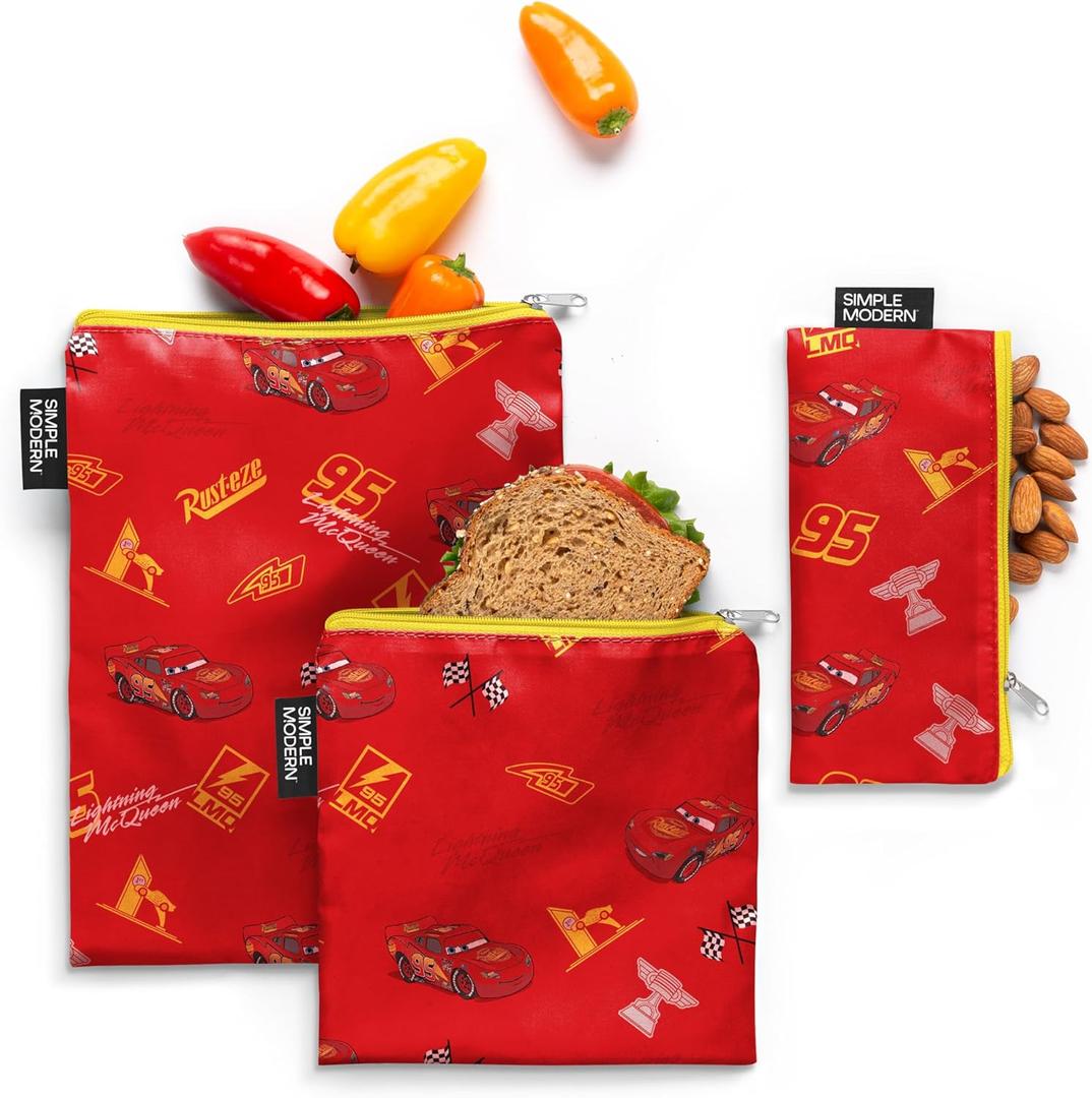 Simple Modern Disney Reusable Snack Bags for Kids, Girls, Boys | Food Safe, BPA & Phthalate Free Zip Pouches | Washable & Refillable Sandwich Bag | Ellie Collection | 3 pack | Cars Lightning Speed