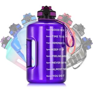WEMEET Leakproof Water Bottle Motivational with Straw & Strap, BPA Free, 128 oz Gym Water Bottle with Time Marker, Water Jug for Outdoor Enthusiasts (Purple Blue)