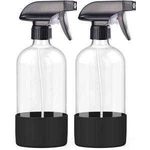 2 Pack Glass Spray Bottles with Silicone Sleeve, 16 oz Empty Refillable Containers with Adjustable Spray Nozzles, Spray Bottles for Hair, Cleaning Solutions and Plants Black