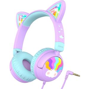 iClever Kids Headphones Cat Ear, LED Light Up, 85dBA Safe Volume, Stereo Sound Toddler Headphones for Travel School, Foldable 3.5mm Wired Kids Headphone for iPad Tablets, Meow Lollipop-Purple