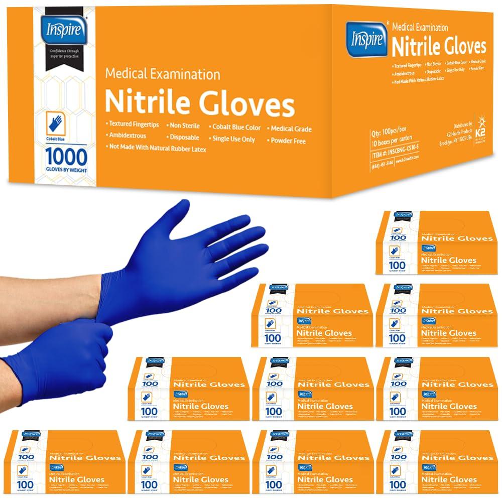 Inspire Black Nitrile Disposable Gloves | 4.5 Nitrile Safety Medical Exam Cooking Cleaning Disposable Black Gloves (Blue - Case of 1000, Medium)