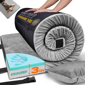GAIALOOP 3 Inch Memory Foam Camping Mattress, Dual Layer Thick Sleeping Camp Pad for Car Tent Cot, Roll-Up Portable Glamping Floor Bed for Guests Sleepover