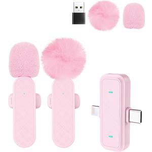 Tearstone Wireless Lavailer Microphone for iPhone, Android, Camera, Professional Wireless Mini Microphone, 4 in 1 Condenser Lapel Mic for Interview Video Podcast Vlog YouTube ASMR TikTok (2 Pcs) (Pink)
