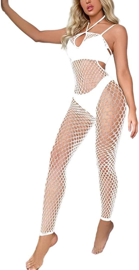 Women's Sexy Mesh Bodystocking Fishnet Lingerie See Through Dress Stretches Tight Halter Bodysuit Crotchless (White)