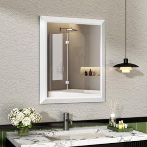 SMIROR Matte White Bathroom Mirror for Over Sink, 24x 28 Metal Thick Framed Rectangle Vanity Mirror for Wall, Right Angle Corner, Anti-Rust, Horizontally or Vertically Mounted