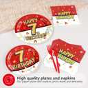 Grencian 96Pcs Happy 7th Birthday Party Supplies Cartoon Anime Themed Paper Plates and Napkins Tableware Sets Red and White Decoration for 7 Year Old Birthday Kids Children Party Serves 24