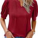Blooming Jelly Womens Dressy Casual Tops Puff Sleeve Work Blouses Pleated V Neck T Shirts Size L
