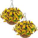 lovemoon 2 Set Artificial Outdoor Pansies Flowers with Hanging Baskets, 2 Hanging Planters with 24 Pcs Silk Pansy Flowers for Spring Easter Decorations Porch Patio Home Decor (2, Purple, Yellow)