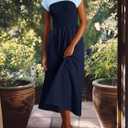 Wenrine Womens Casual Summer Midi Dress Smocked Cap Sleeve Crew Neck Color Block A Line Flowy Beach Dresses