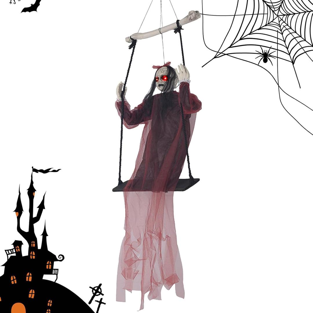 1.4 m Scary Halloween Decorations Props Hanging Swinging Girl with Creepy Sound & Light Up Eyes, Hanging Ghosts Haunted House Decor for Outdoor Indoor Yard Tree