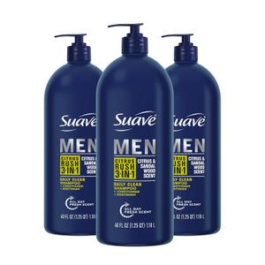 Suave Shampoo Conditioner Bodywash Men 3 in 1 Citrus & Sandal Wood to Cleanse and Nourish Hair and Skin, 40 oz, Pack of 3