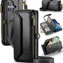 Strapurs Wallet Case Compatible with iPhone 17 6.3" RFID Blocking 9-Card Holder Soft PU Leather Magnetic Snap Shoulder Strap Zipper Pocket Phone Case Fit for iPhone 17 for Women - Black
