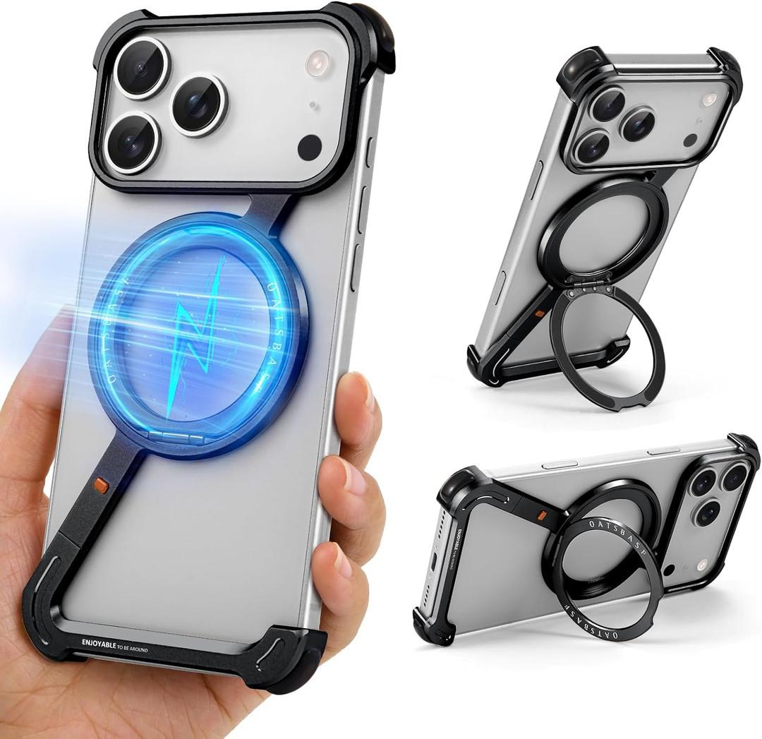 Z Metal Case for iPhone 17 Pro Max Frameless, Aluminum Alloy Bumper Compatible with Magsafe Kickstand Minimalist Shockproof Cool Cover Hard Shell with 360Ring Holder Magnetic Stand, Black