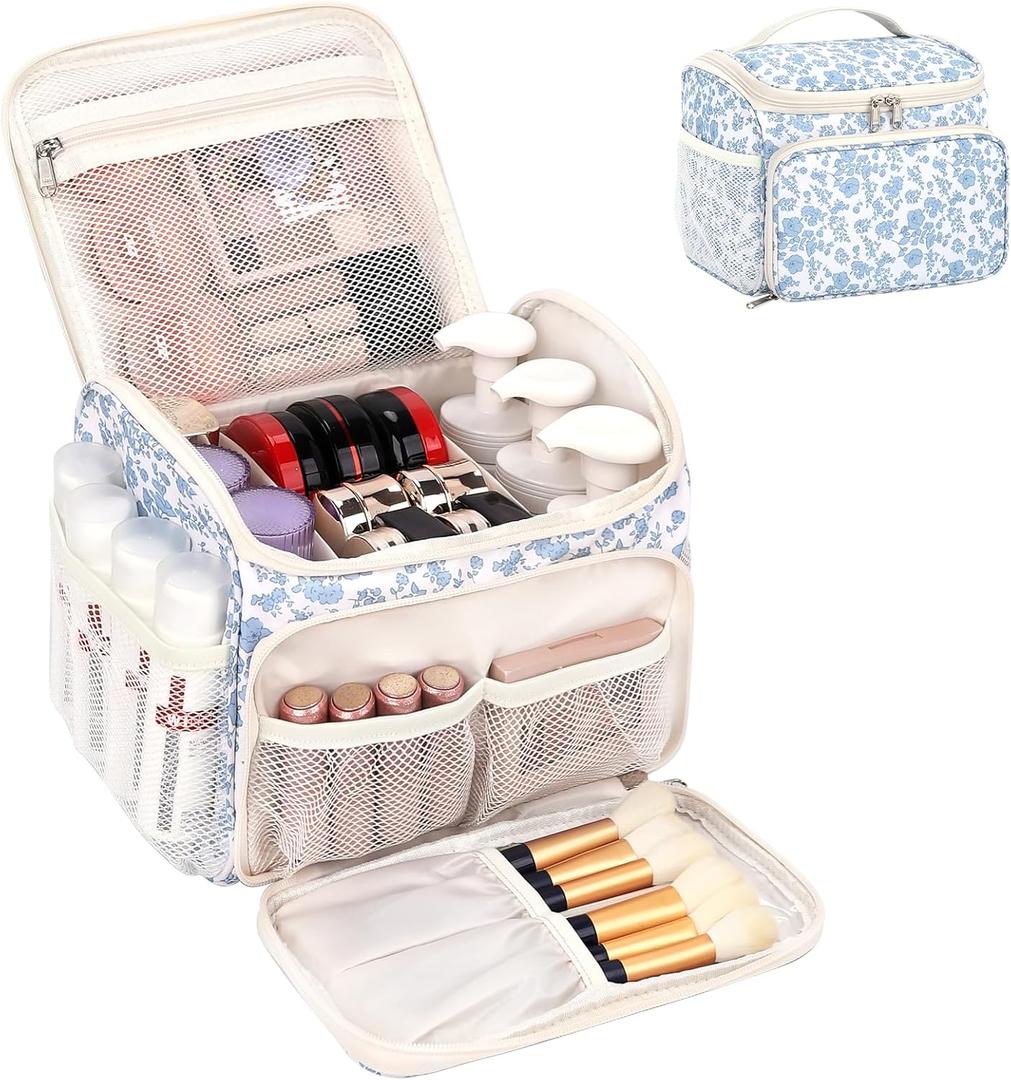 CUBETASTIC Travel Makeup Bag, Floral Make Up Bag with Brush Compartment, Vertical Storage Toiletry Bag with Partitions, Large Make Up Pouch for Women, Portable Makeup Case with Multi-Pockets