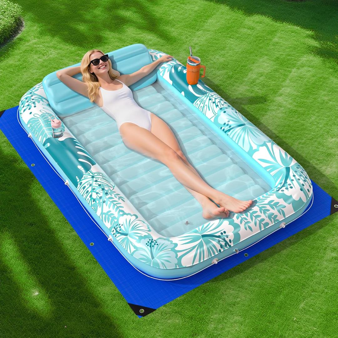 Inflatable Tanning Pool Lounger Float with Protection Tarp, 70" x 46" Pool Floats Adult with Pillow, 6 in 1 Suntan Tub Raft Floatie, Sunbathing Water Bed Lounge Blow Up Kids Ball Pit Party Gifts-Cyan