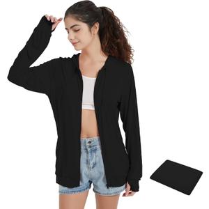 QBK Light Weight Zip Up Hoodie Thin Summer Jacket For Women (X-Large, Black)