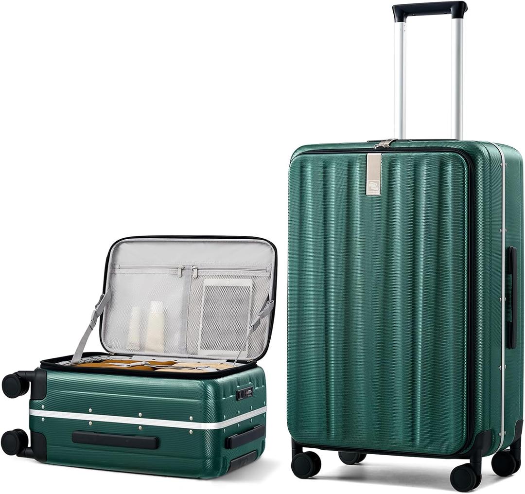 Hanke 26 Inch Large Checked Luggage PC Hard Shell Luggage Top Opening Travel Luggage Suitcases with Wheels for Woman Men.(Dark Green)