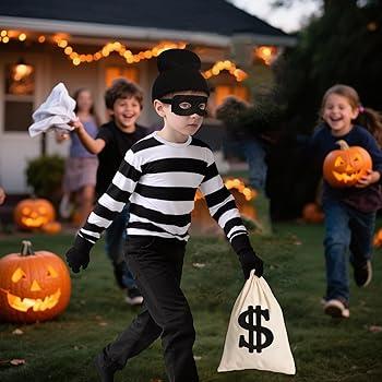Eylola Kids Robber Costume Robber Shirt Mask Cap Accessory Halloween Burglar Cosplay Costume for Boys Girls Size Small