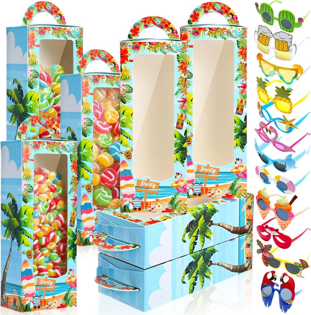 24 Pcs Hawaiian Luau Party Favors Includes 12 Funny Summer Beach Sunglasses and 12 Tropical Luau Theme Gift Boxes Party Supplies for Birthday Aloha Tropical Flamingo Decoration